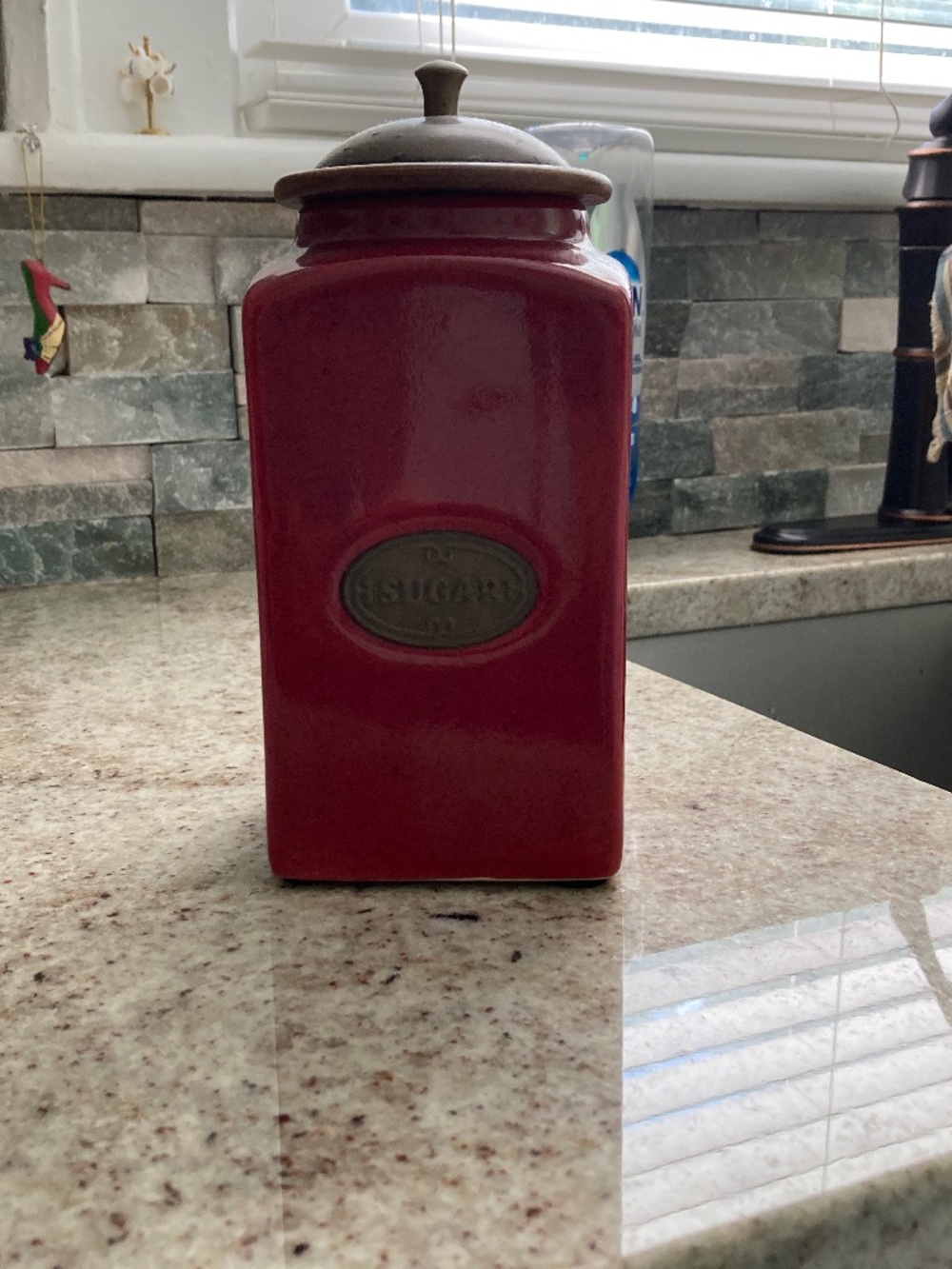 Pier 1 Imports Deep Red Sugar Canister w/ Brass Domed Lid trimmed w/ Wood